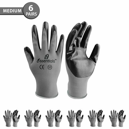 I9 ESSENTIALS Polyester & Nitrile Safety Work Gloves Seamless - Grey & Black - Size M, 6PK 100034